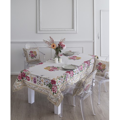 Jacquard tablecloth with flowers and beige background Xana