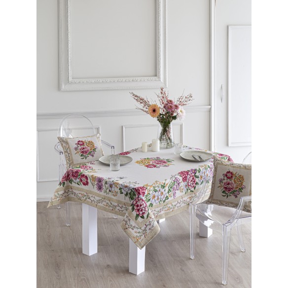 Jacquard tablecloth with flowers and beige background Xana