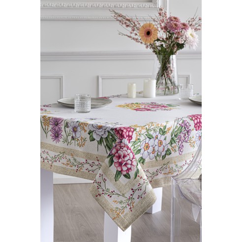 Mantel de mesa de tejido Jacquard con flores y fondo beig Xana.