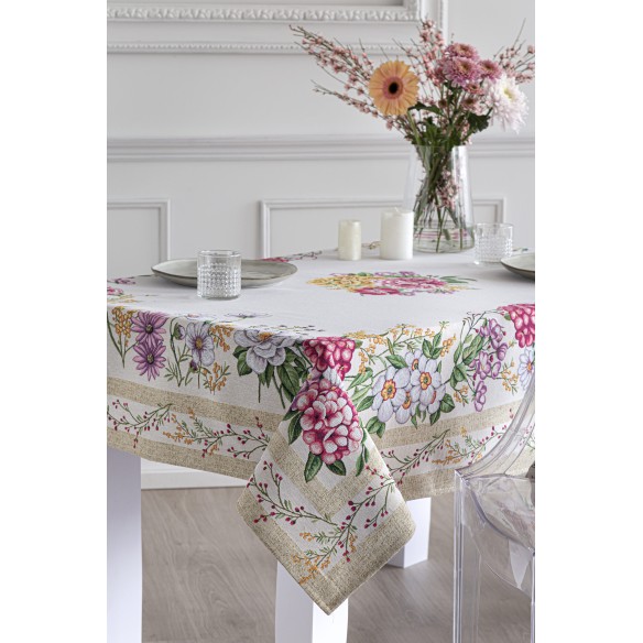 Jacquard tablecloth with flowers and beige background Xana
