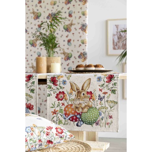 Camino de mesa de tejido jacquard con conejo y huevos de pascua. 40x135 EGGS