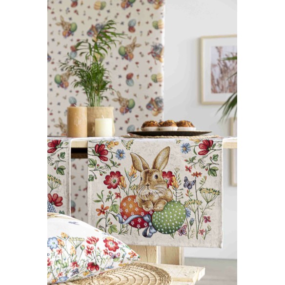 Camino de mesa de tejido jacquard con conejo y huevos de pascua. 40x135 EGGS