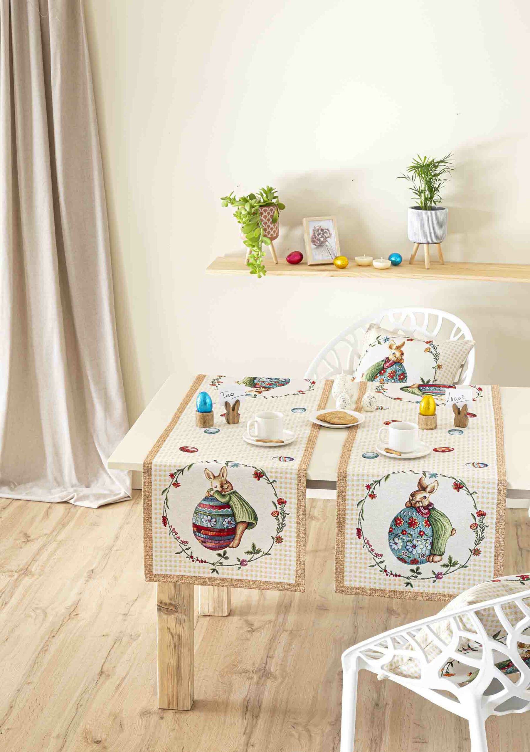 Camino de mesa de tejido jacquard con conejos y huevos de pascua. 40x135 HOP