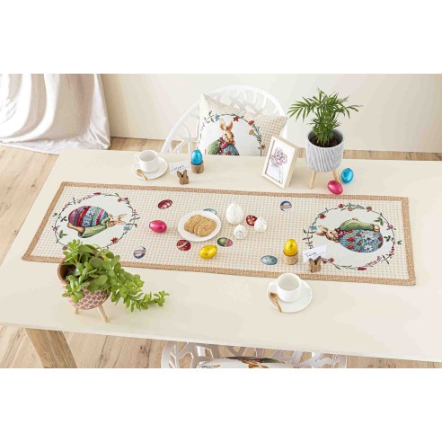 Camino de mesa de tejido jacquard con conejos y huevos de pascua. 40x135 HOP