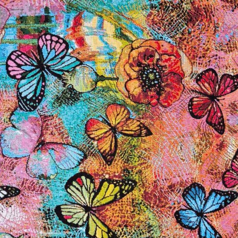 Tejido Jacquard AQUAMARINA con mariposas multicolor y fondo azul. Ancho 140