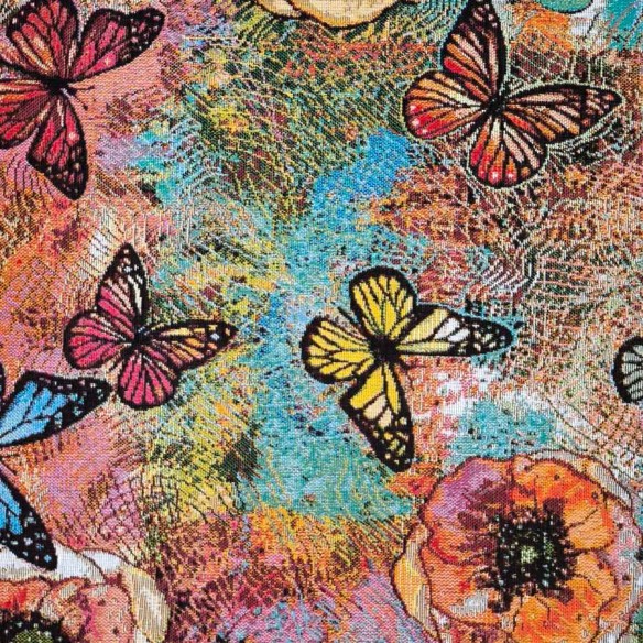 Tejido Jacquard AQUAMARINA con mariposas multicolor y fondo azul. Ancho 140