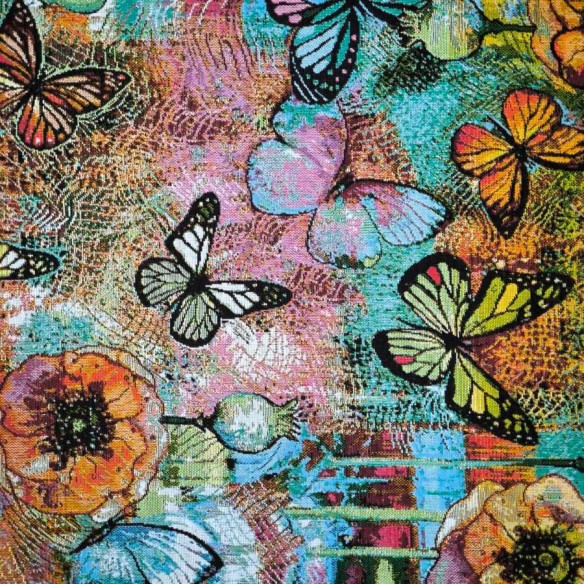 Jacquard fabric AQUAMARINA with multicolored butterflies and blue background. Width 140