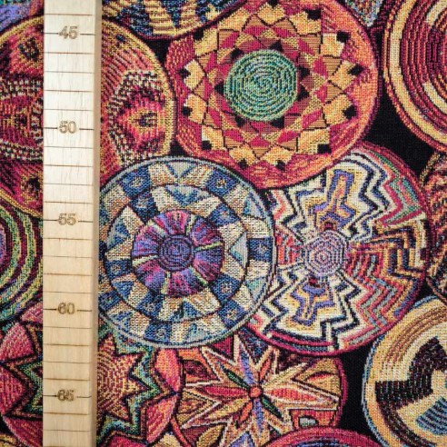 Jacquard fabric SUMATRA with multicolored mandalas. Width 140