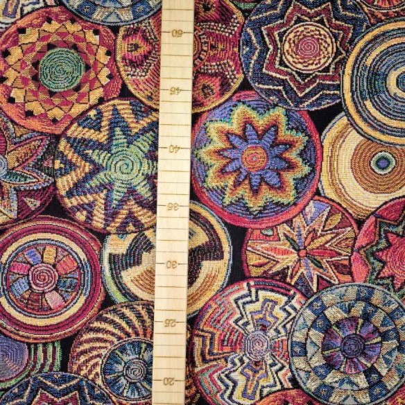Jacquard fabric SUMATRA with multicolored mandalas. Width 140