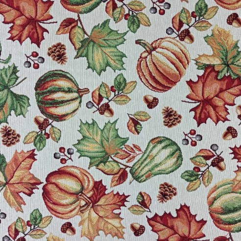 AUTUM jacquard fabric with autumn leaves and pumpkins design. Width 140 cm.