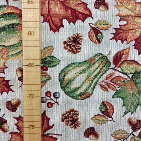 AUTUM jacquard fabric with autumn leaves and pumpkins design. Width 140 cm.