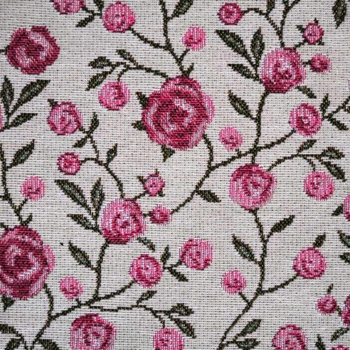 Tejido Jacquard WINS con flores rosas y hojitas verdes. Ancho 140