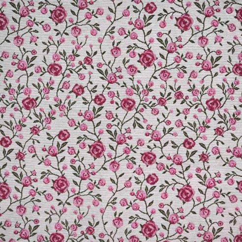 Tejido Jacquard WINS con flores rosas y hojitas verdes. Ancho 140