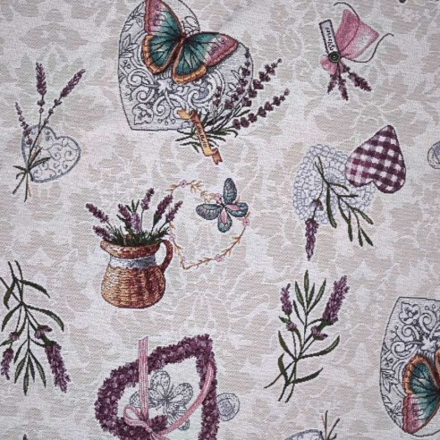 Tejido Jacquard LAVANDER con flores de lavanda jarrones y corazones morados. Ancho 140