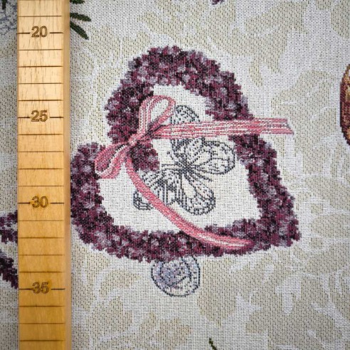 Tejido Jacquard LAVANDER con flores de lavanda jarrones y corazones morados. Ancho 140