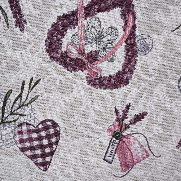 LAVANDER jacquard fabric with lavender flowers, vases, and purple hearts. Width: 140 cm