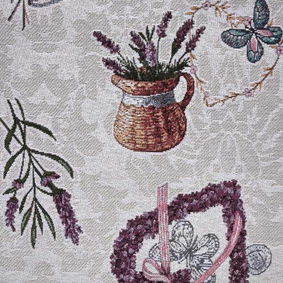 LAVANDER jacquard fabric with lavender flowers, vases, and purple hearts. Width: 140 cm