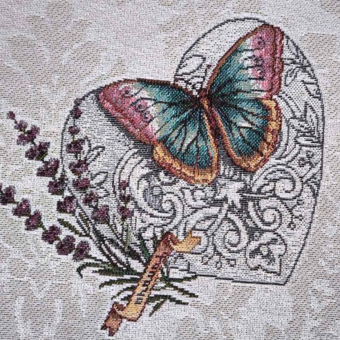 Tejido Jacquard LAVANDER con flores de lavanda jarrones y corazones morados. Ancho 140