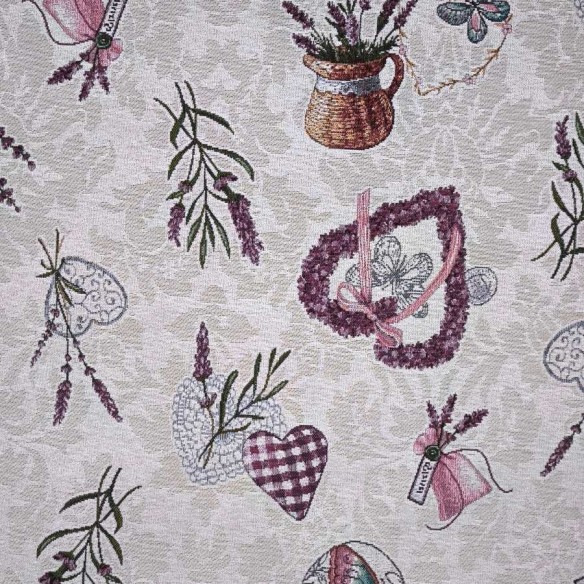 LAVANDER jacquard fabric with lavender flowers, vases, and purple hearts. Width: 140 cm