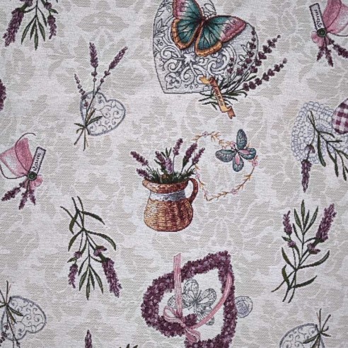 LAVANDER jacquard fabric with lavender flowers, vases, and purple hearts. Width: 140 cm