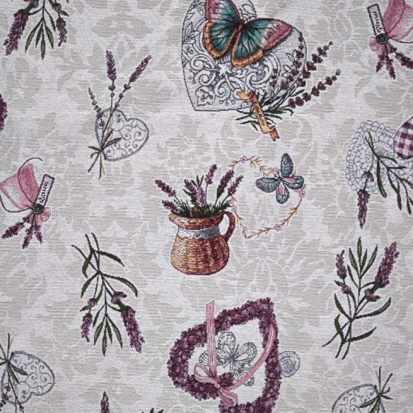 LAVANDER jacquard fabric with lavender flowers, vases, and purple hearts. Width: 140 cm