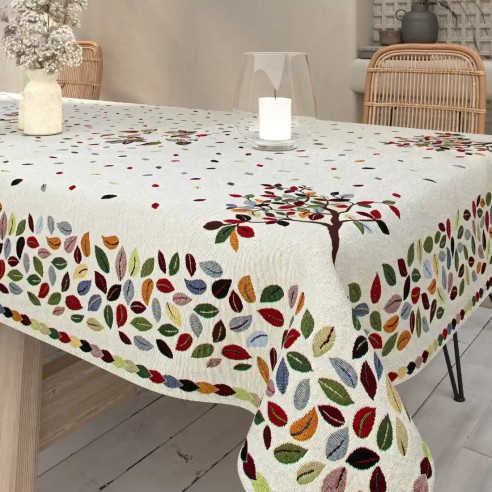 Mantel Beige Árbol de la Vida en Tejido Jacquard