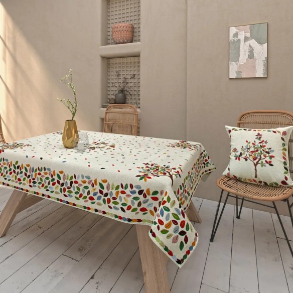 Mantel Beige Árbol de la Vida en Tejido Jacquard