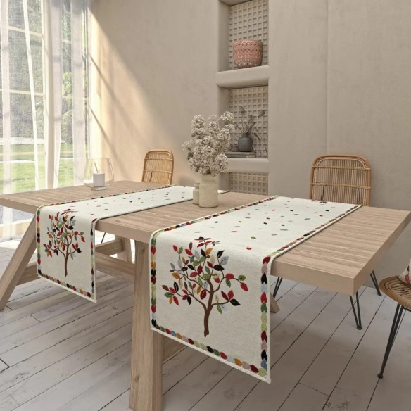 Camino de Mesa Beige Árbol de la Vida 40x135 cm en Tejido Jacquard