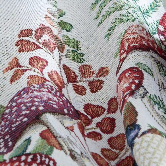 Mantel baga Jacquard en fondo beige con diseño botánico con flores y setas - BAGA