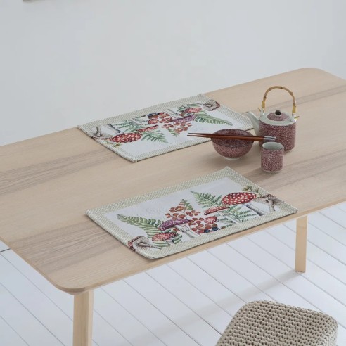 Mantel individual Jacquard 30x45 cm en fondo beige con diseño botánico con flores y setas - BAGA