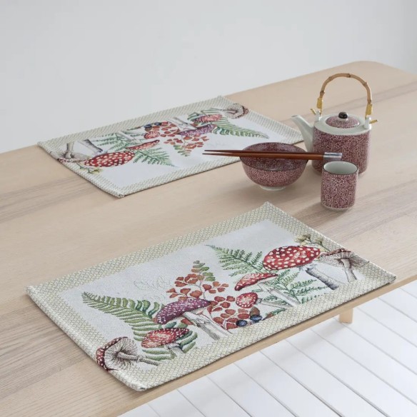 Mantel individual Jacquard 30x45 cm en fondo beige con diseño botánico con flores y setas - BAGA