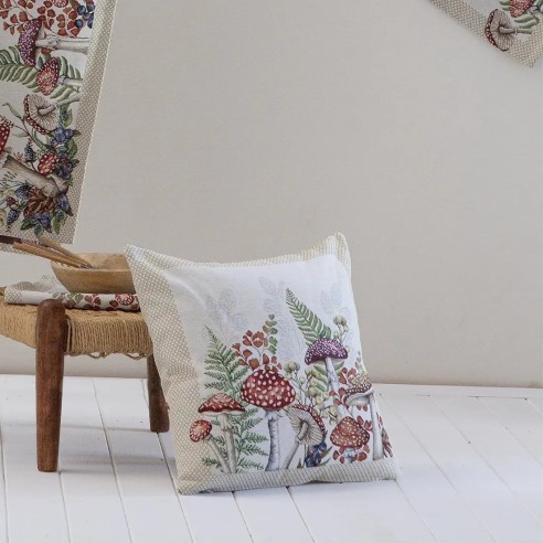 Funda de cojín Jacquard 45*45 cm en fondo beige con diseño botánico con flores y setas - BAGA