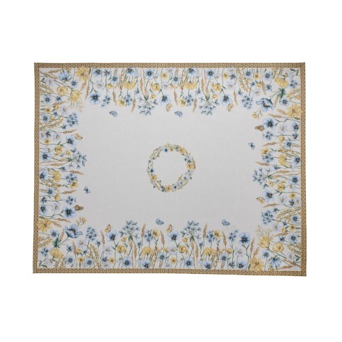 Mantel estampado floral en tonos azul y amarillo sobre fondo blanco roto - BLAT