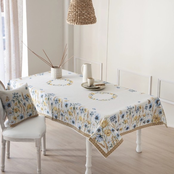 Mantel Cottage Flores Azules y Amrillas en Tejido Jacquard