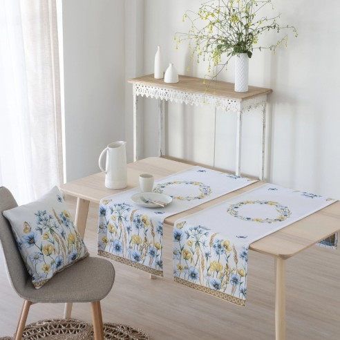 Camino de mesa 40x135 cm estampado floral en tonos azul y amarillo sobre fondo blanco roto - BLAT