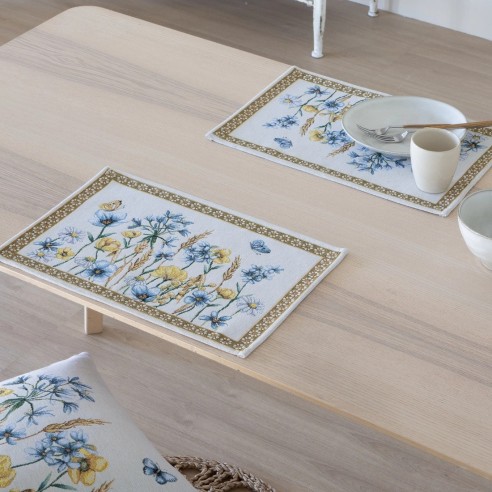 Mantel individual 30x45 cm estampado floral en tonos azul y amarillo sobre fondo blanco roto - BLAT