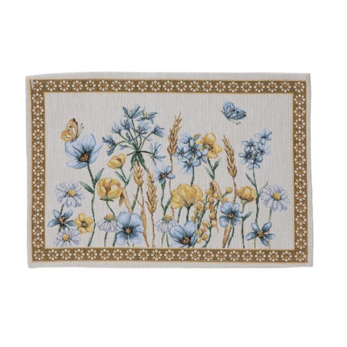 Mantel individual 30x45 cm estampado floral en tonos azul y amarillo sobre fondo blanco roto - BLAT