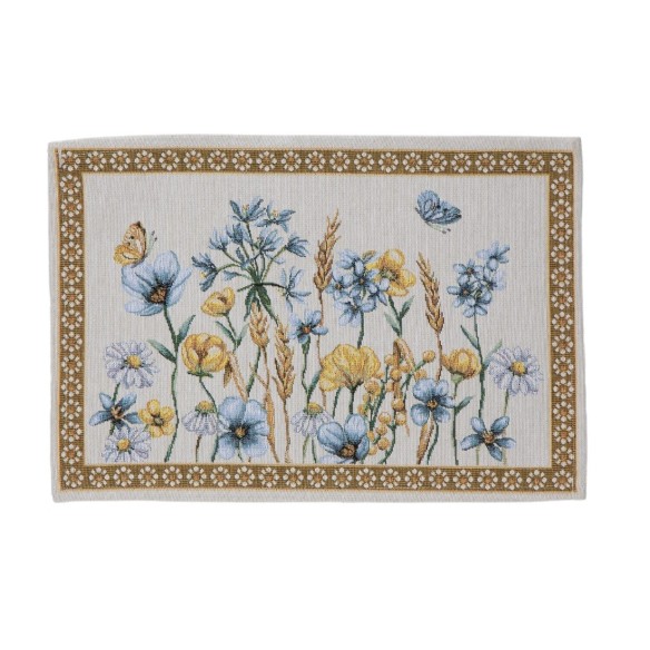 Mantel individual 30x45 cm estampado floral en tonos azul y amarillo sobre fondo blanco roto - BLAT