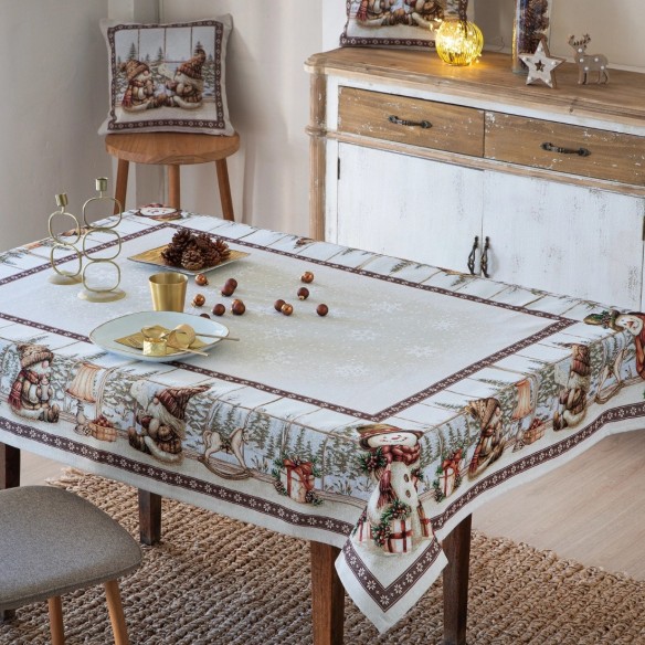 Mantel baga Jacquard en fondo beige con diseño botánico con flores y setas - CHill