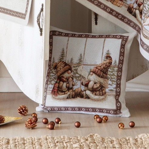 Funda de cojín Jacquard 45*45 cm, diseño con escenas invernales y muñecos marrones sobre fondo beige-CHILL
