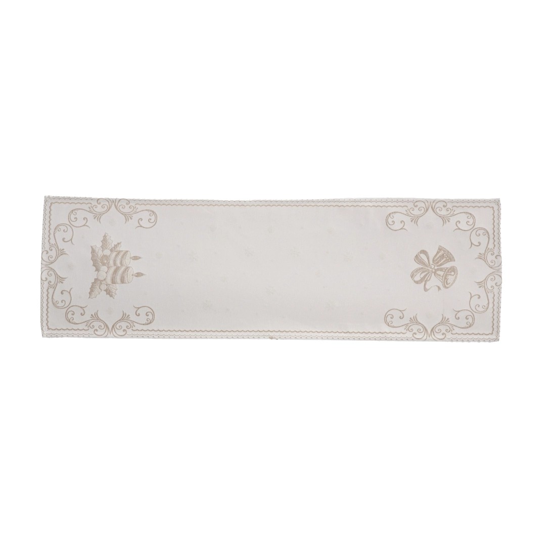 Camino de mesa 40x135 cm ,diseño navideño con velas y acebo beige y dorado sobre fondo claro-CLOCHE