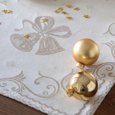 Mantel Navidad Blanco y Dorado en Jacquard – Diseño Elegante