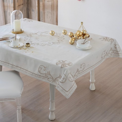 Mantel de mesa navideño con diseño elegante con velas y hojas de acebo beige y dorado sobre fondo claro-CLOCHE