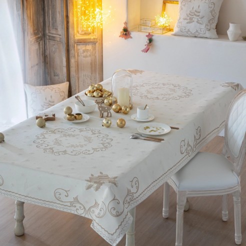 Mantel Navidad Blanco y Dorado en Jacquard – Diseño Elegante
