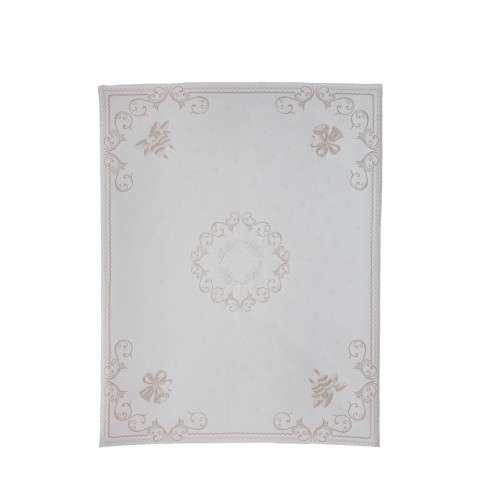 Mantel de mesa navideño con diseño elegante con velas y hojas de acebo beige y dorado sobre fondo claro-CLOCHE