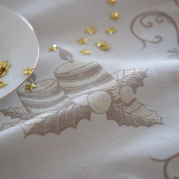 Mantel Navidad Blanco y Dorado en Jacquard – Diseño Elegante