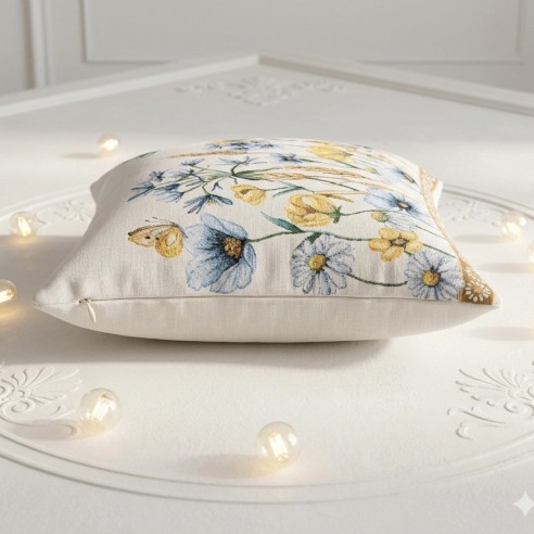 Funda cojín 45x45 cm estampado floral en tonos azul y amarillo sobre fondo blanco roto - BLAT