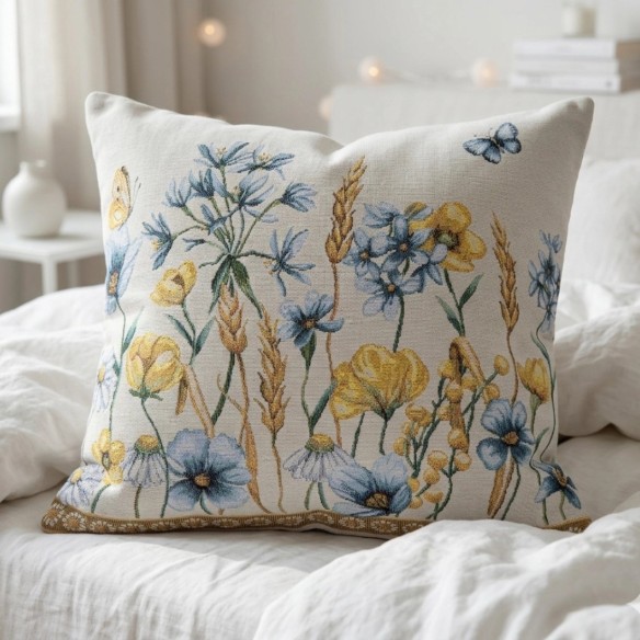 Cojín Cottage de Flores Azules y Amarillas 45x45 cm en Tejido Jacquard