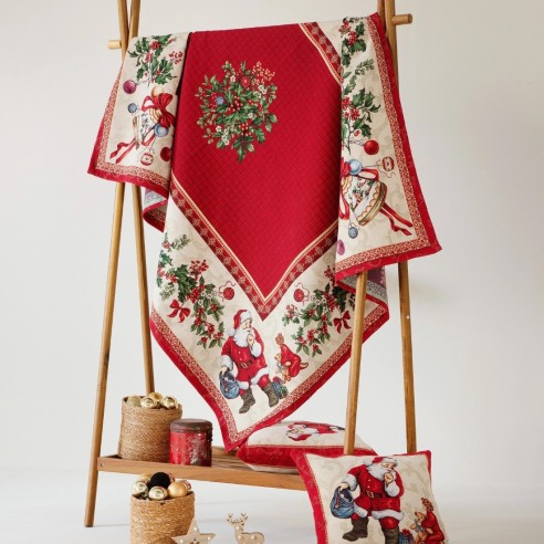 Mantel de mesa navideño decorativo con diseño clásico en tonos rojos con motivos de Santa Claus-GINGLE