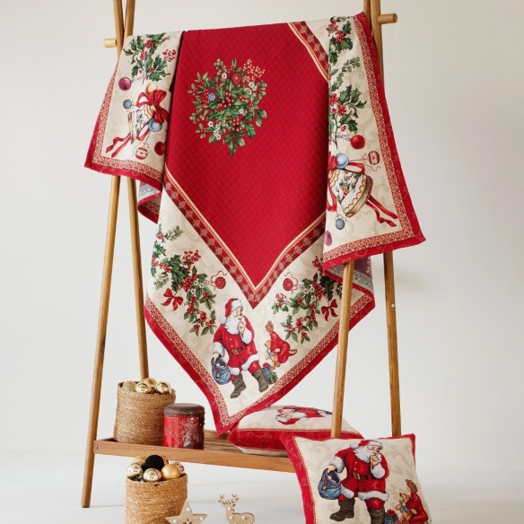 Mantel de mesa navideño decorativo con diseño clásico en tonos rojos con motivos de Santa Claus-GINGLE